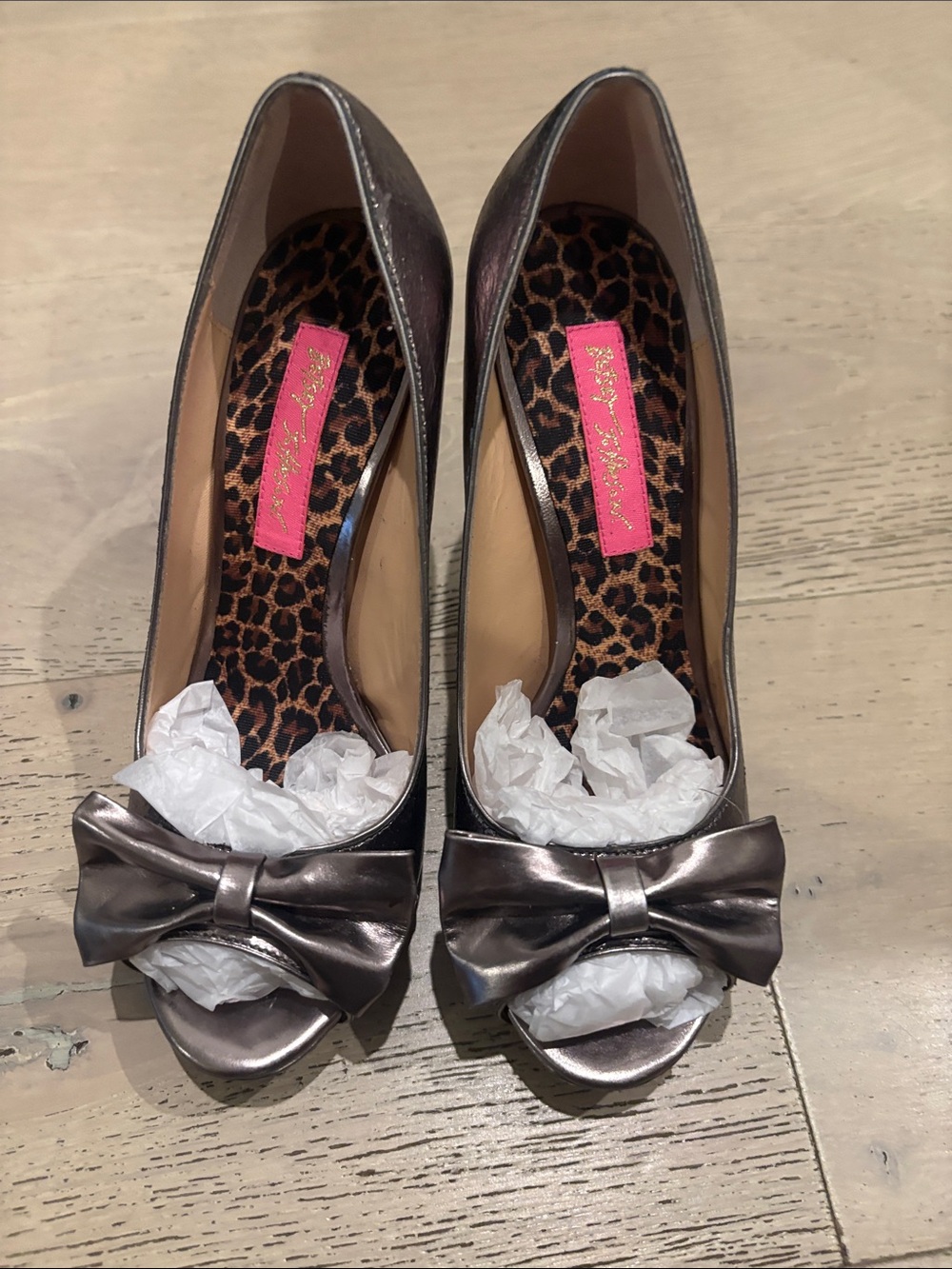 Betsey Johnson Metallic Pewter Bow Peep-Toe Pumps